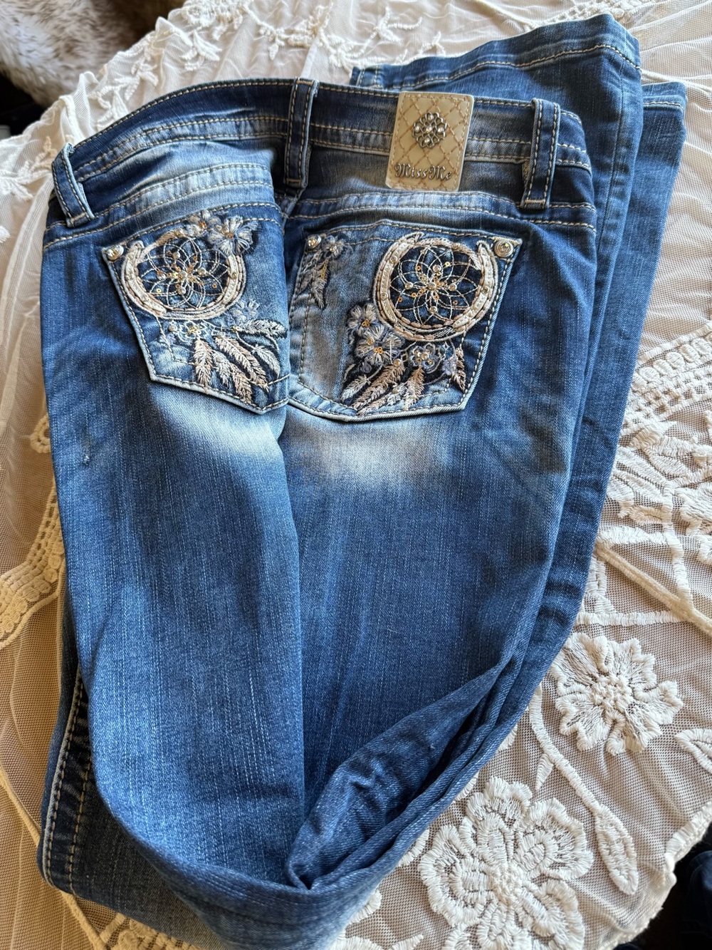 Miss Me Blue Denim Jeans with Embroidered Dreamcatcher Pockets
